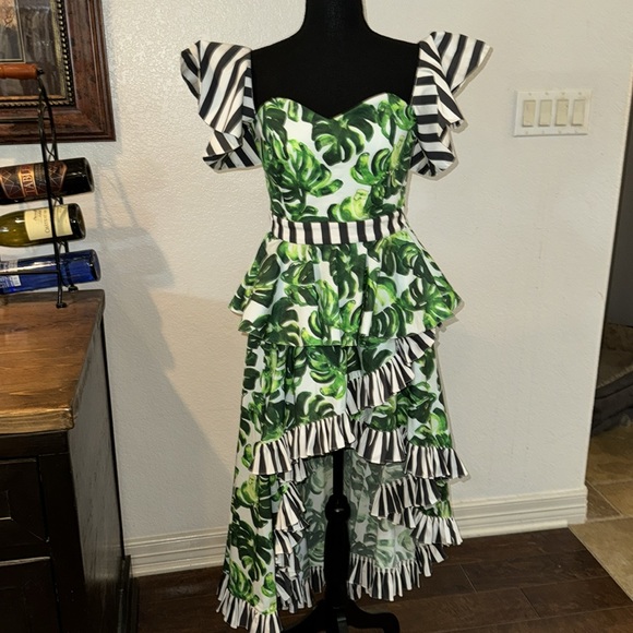NWOT CAROLINE CONSTAS Size S green and grey stripes ruffle 2 pc off shoulder - Picture 4 of 7